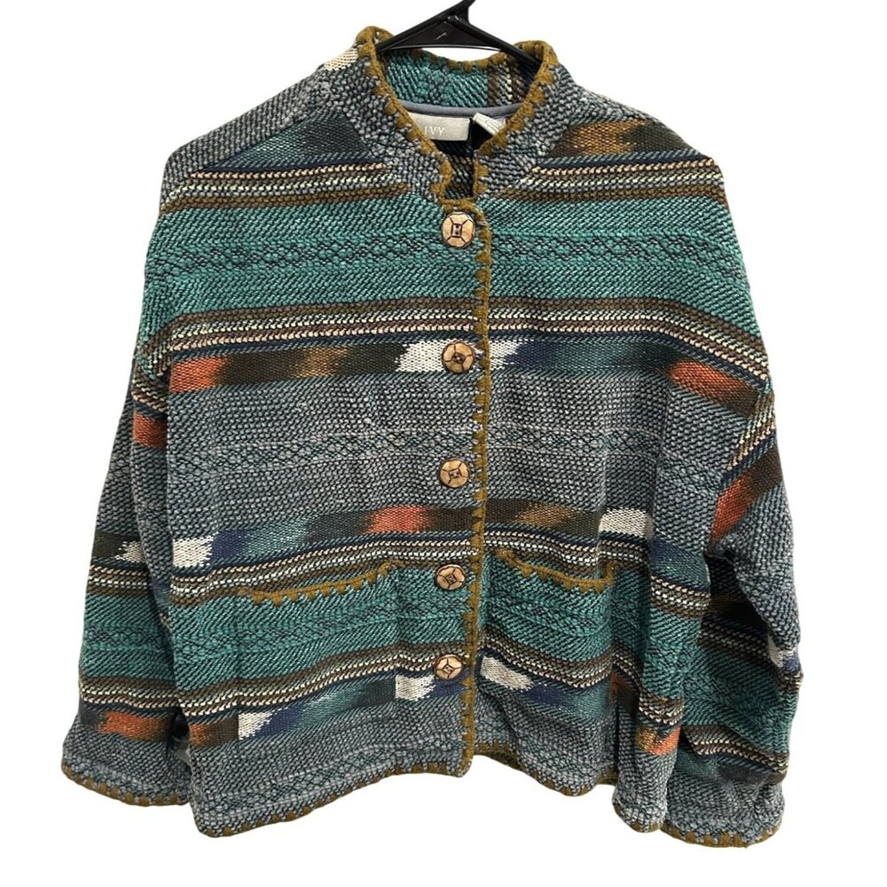 Vintage Ivy Striped Textured Cotton Jacket Earth Tones Southwest Teal Accents